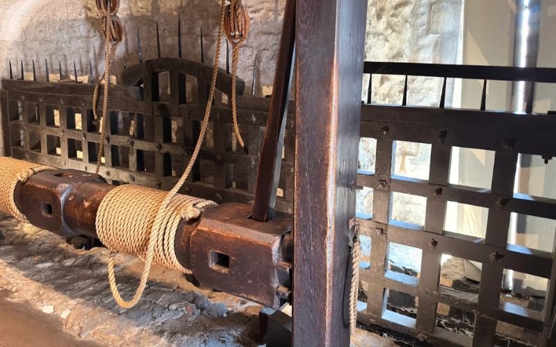 dark solid wooden tortue equipment and thick webbed roping handing from the wooden beams
